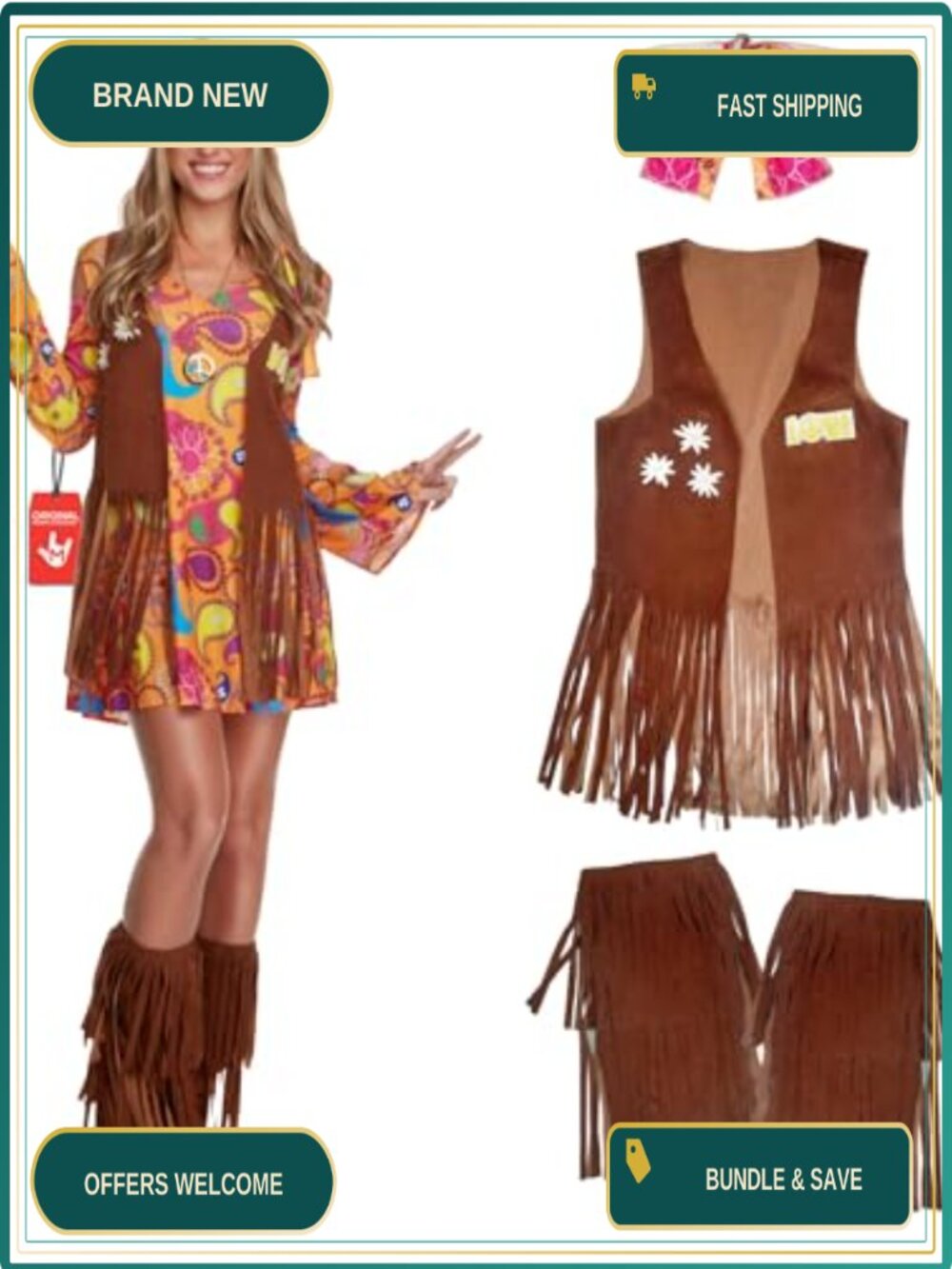 Hippie Costume Women 70s Halloween Fringe Waistcoat Dress Set